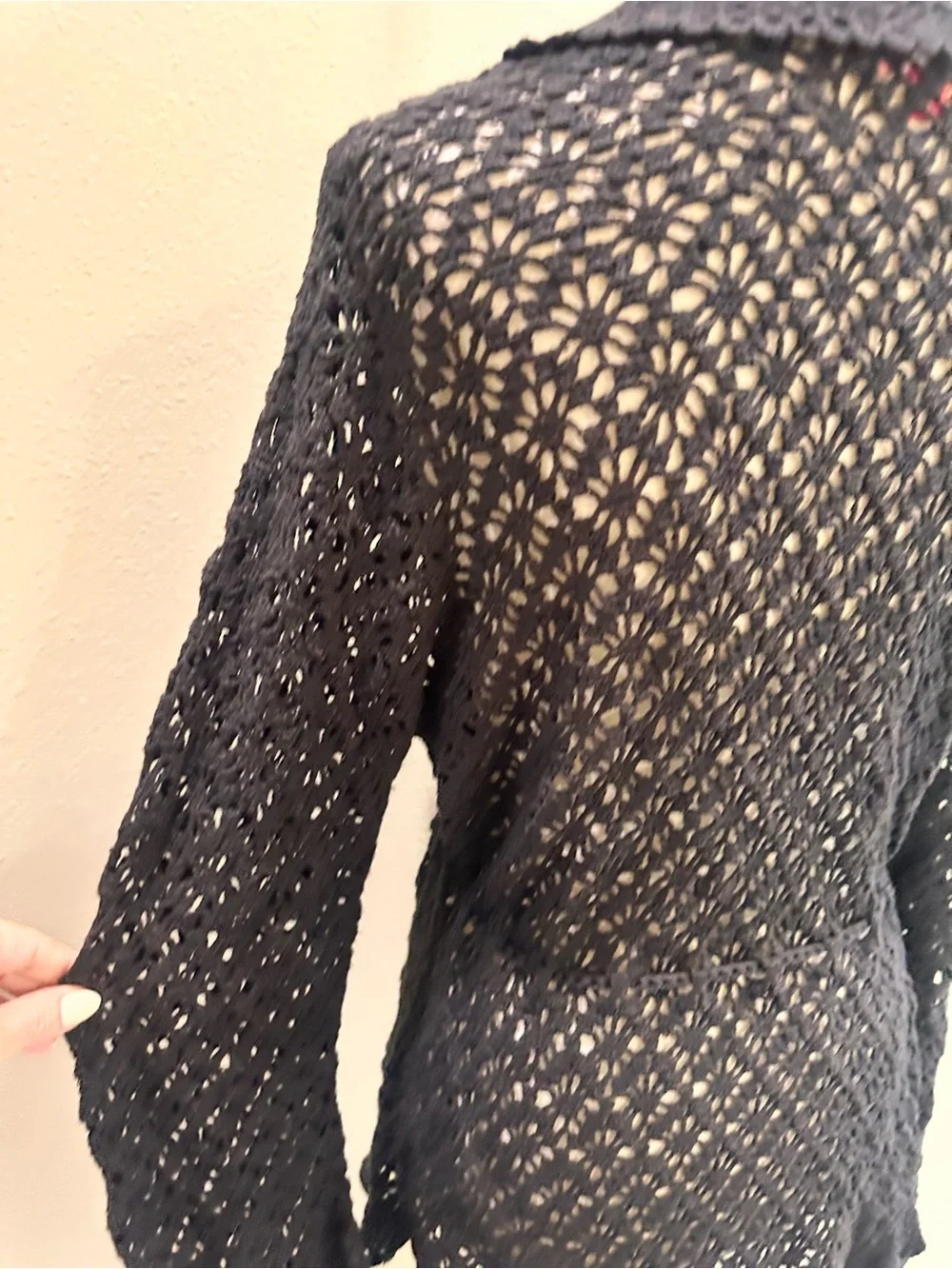 Oscar by Oscar De La Renta Black Crochet Tie-Front Sweater Cardigan L